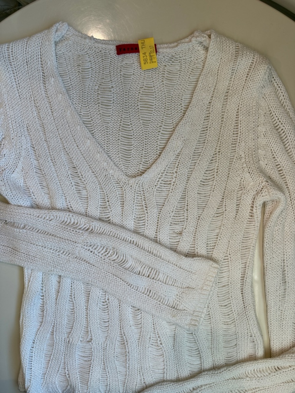 Yarns Madonna  & Co. White/ Cream Open-Knit V-Neck Sweater - Red Tag Brand